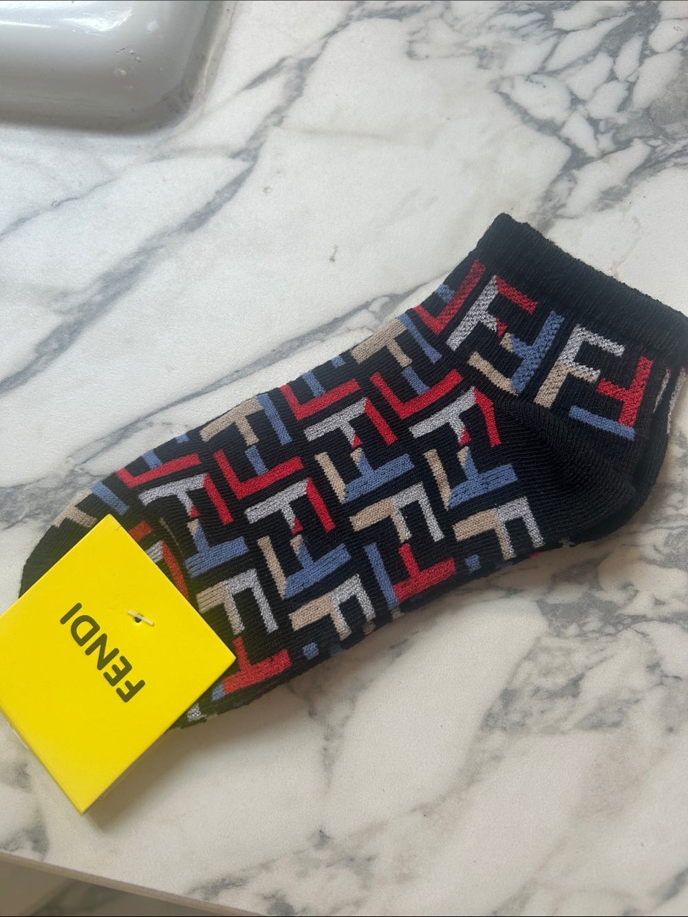 Fendi Black Ankle Socks with Red, Blue & Tan FF Pattern